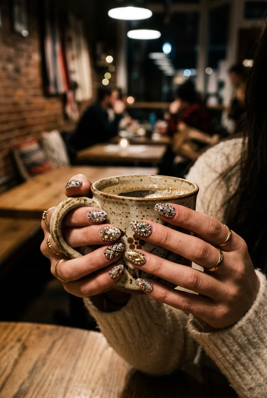 Woman's hands showing overly decorated rhinestone nail art with complex busy patterns