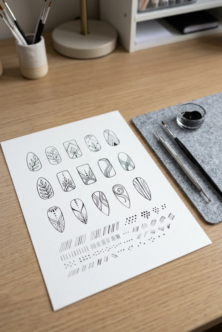 Practice nail shapes drawn on paper with simple designs and art tools nearby