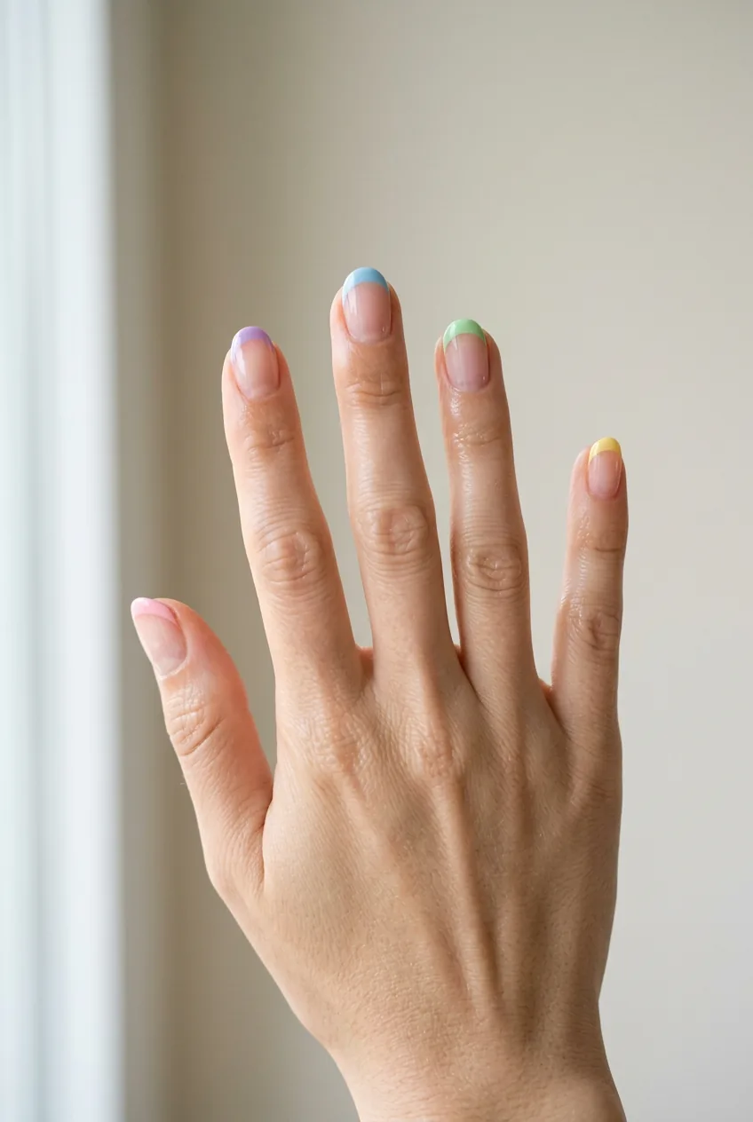 Woman's fingers displaying rainbow pastel French tips with different colors on each short nail