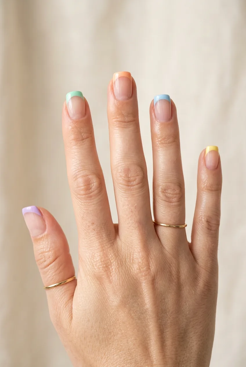 Short square nails with pastel rainbow tips in lavender, mint, peach, blue and yellow colors