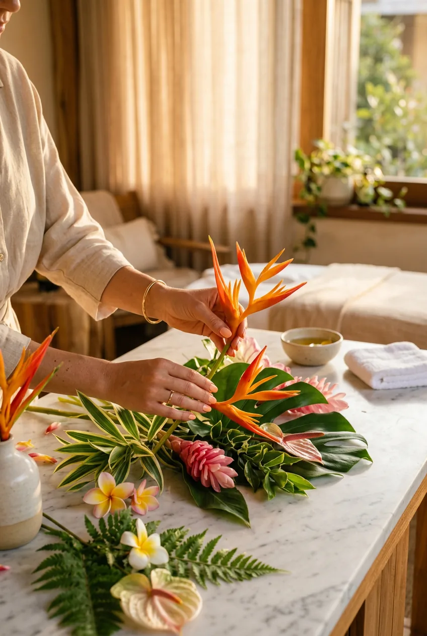 Hands with soft peach manicure arranging tropical flowers on marble surface in golden hour light