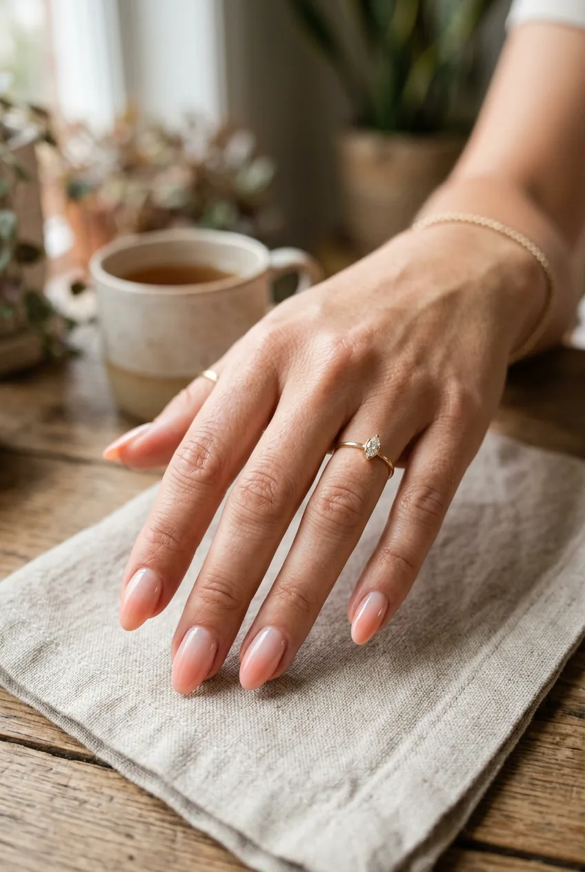 Woman's hand in natural gesture showing modern peachy-pink gradient french tips with soft color transition
