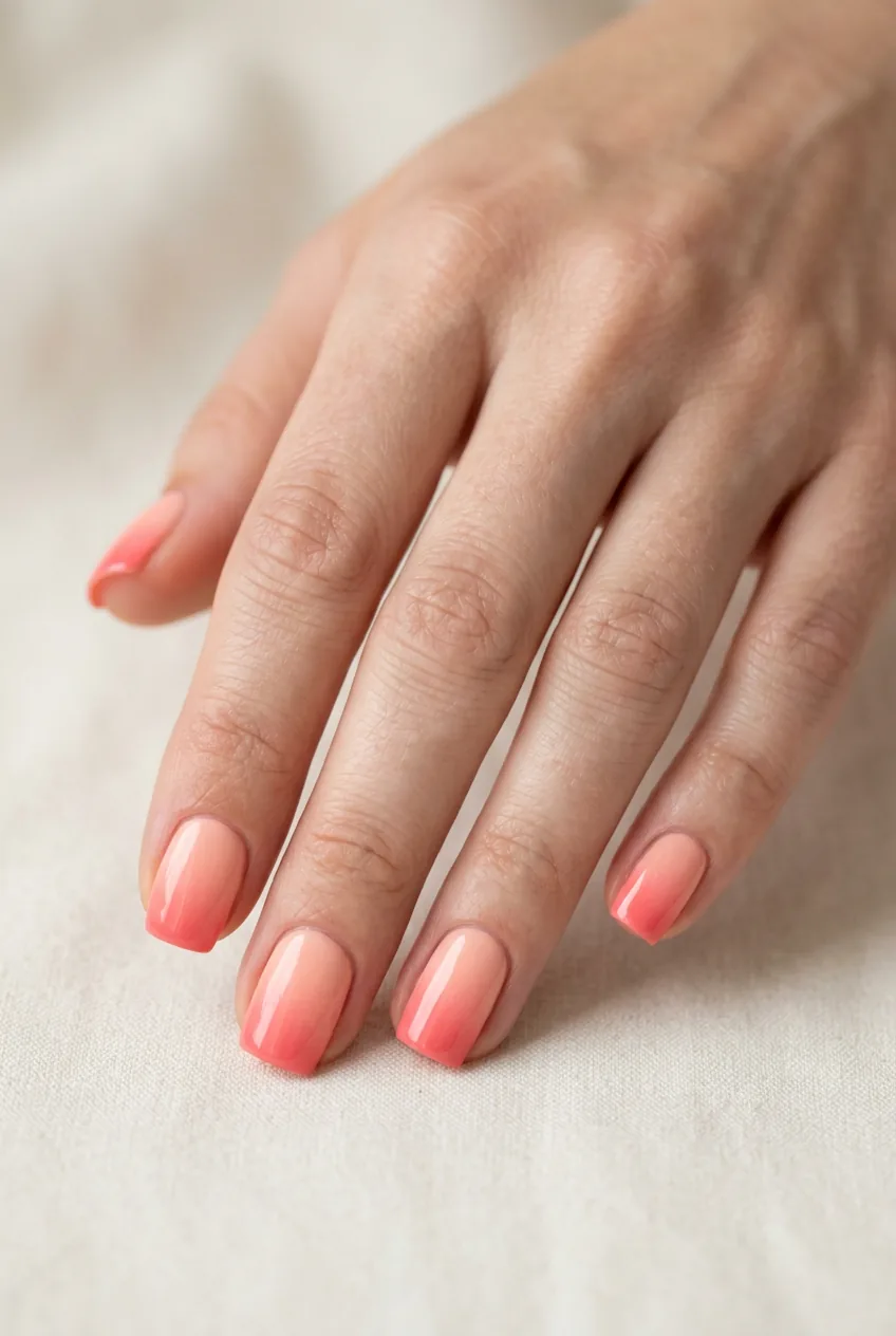 Square nails showing peachy pink gradient effect from soft peach to bright coral