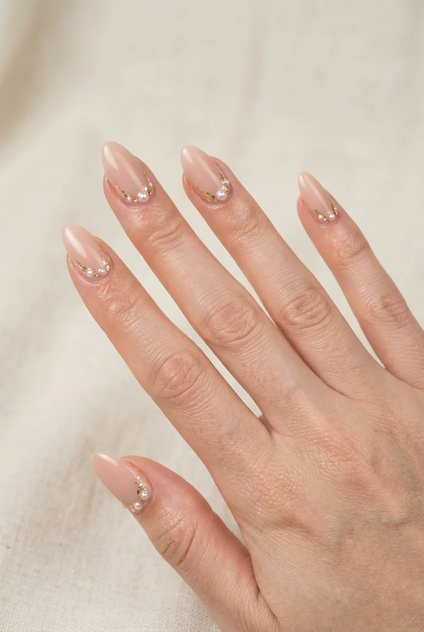 Woman's hand showing nude almond nails with pearl and gold foil accent details