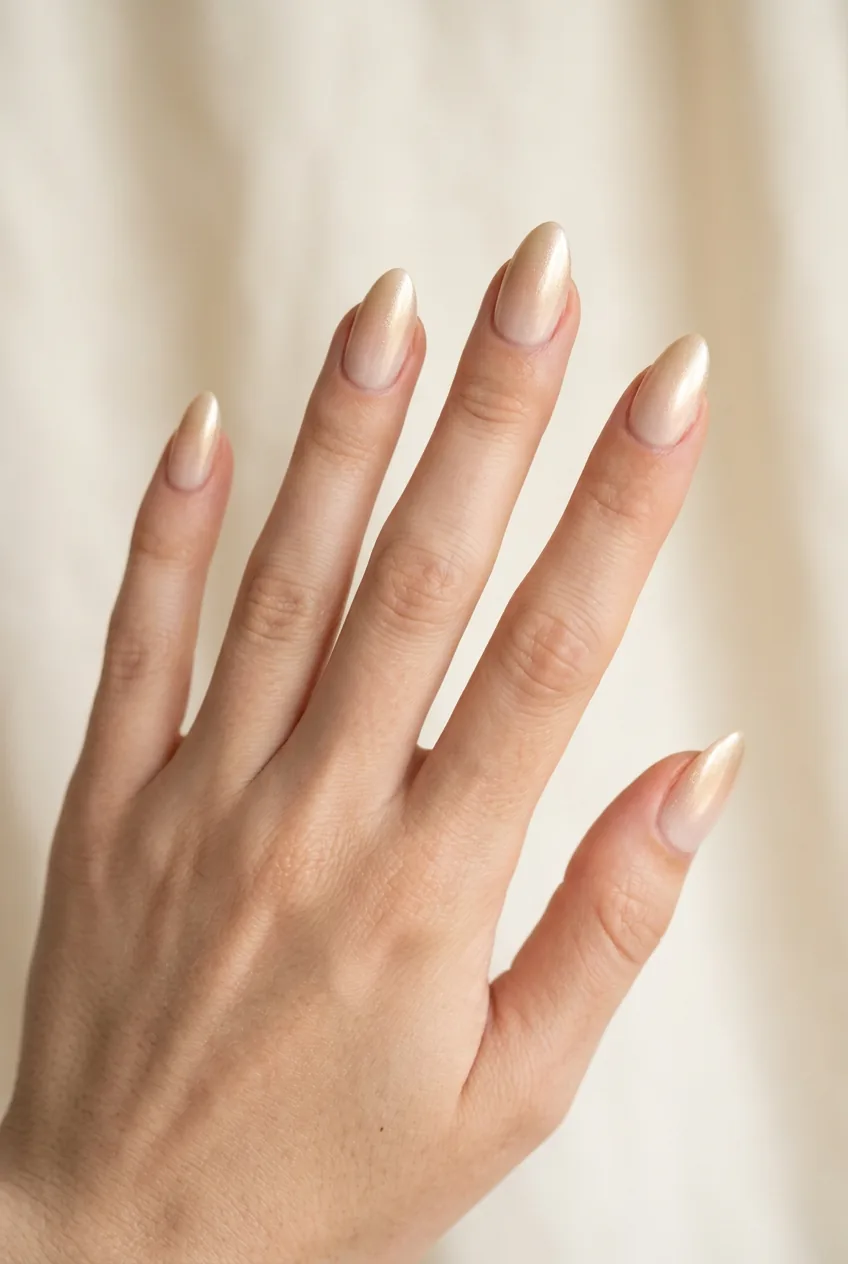 Woman's hand with pearl gradient ombre nails transitioning from champagne to pearl tones