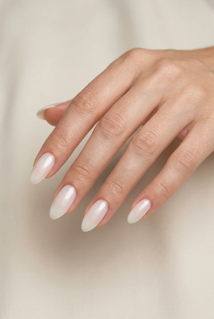 Close-up of translucent white manicure with subtle pearl shimmer on naturally shaped nails