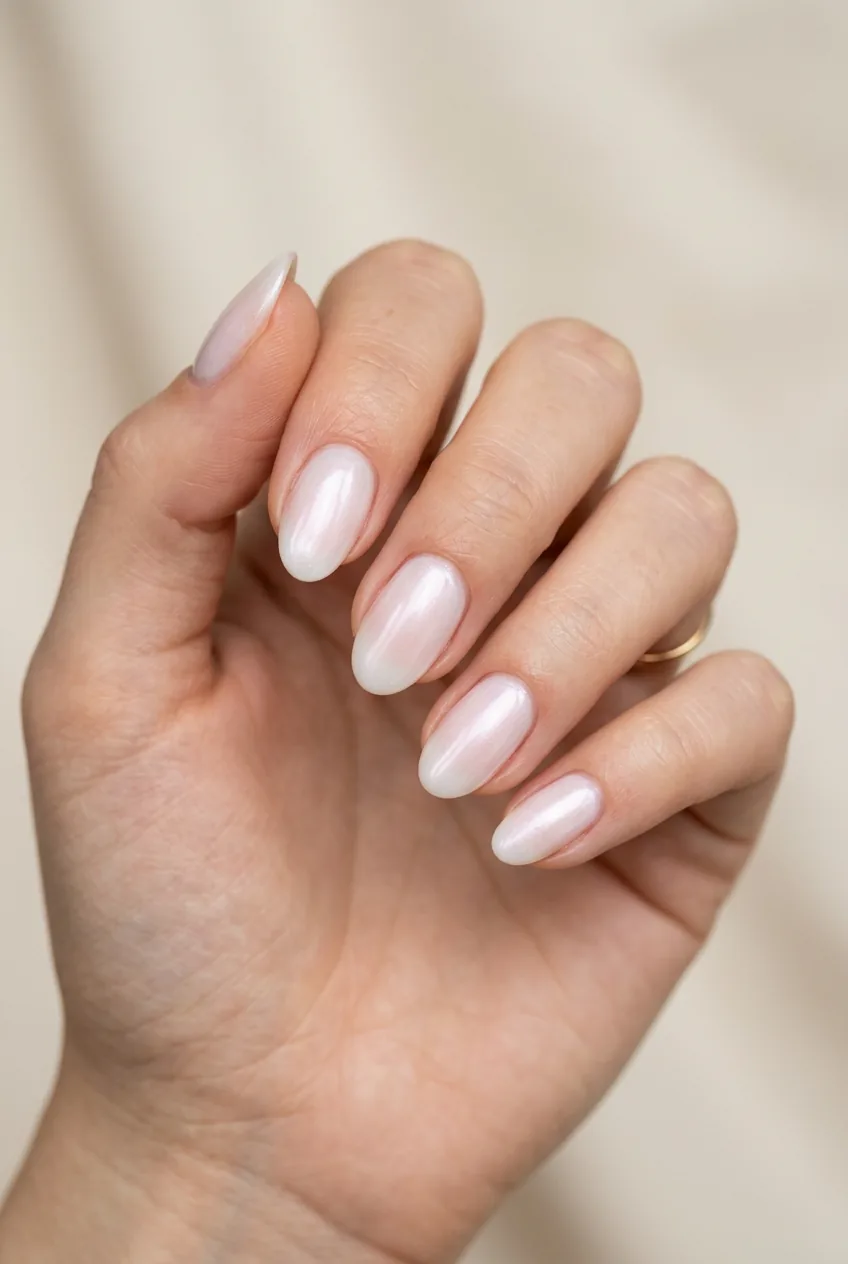 Woman's hand showing pearled milk bath manicure with sheer pink undertones and luminous finish