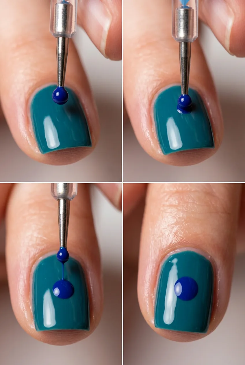 Perfect perpendicular contact between dotting tool and nail surface creating clean circle