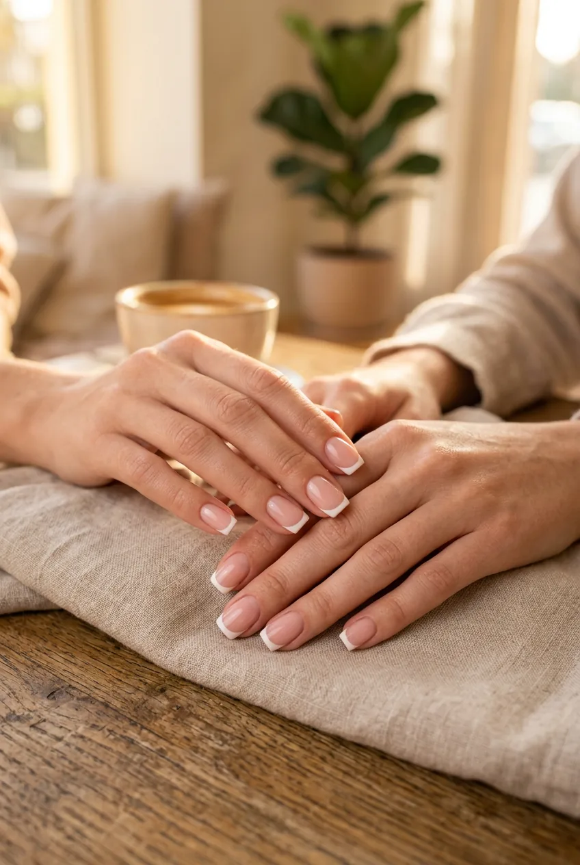 Woman's hands with perfectly executed simple French tips showing precision and clean lines