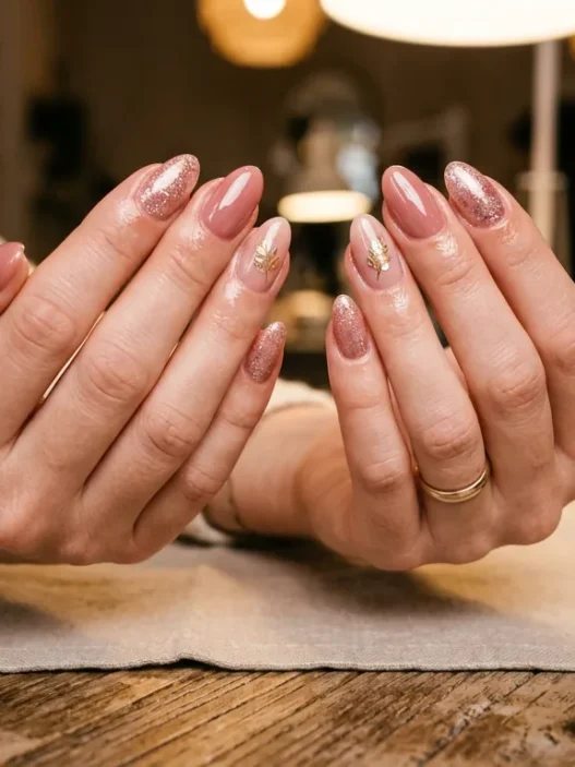 Woman's hands elegantly displayed showing ten perfectly manicured nails with glossy finish under salon lighting