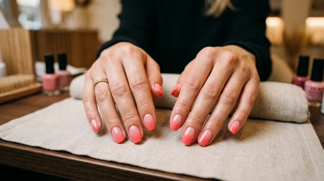 Woman's hands showing perfect pink to coral gradient nail art with glossy finish on salon table