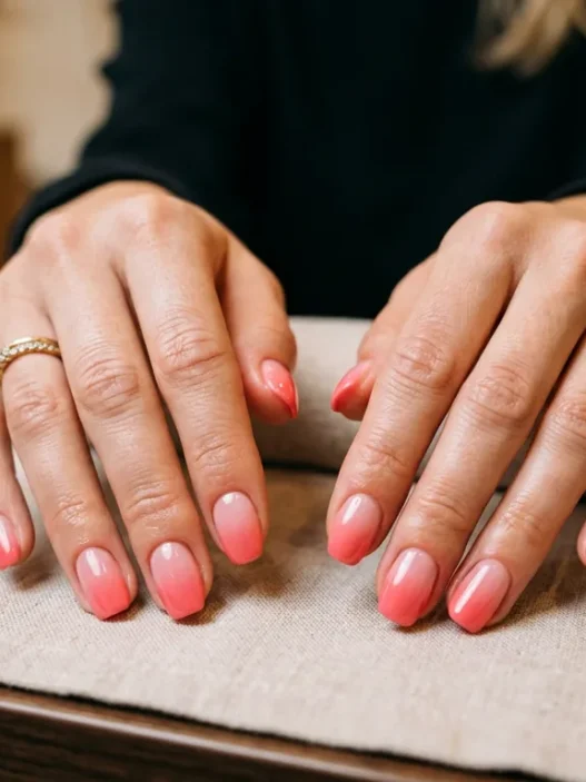 Woman's hands showing perfect pink to coral gradient nail art with glossy finish on salon table