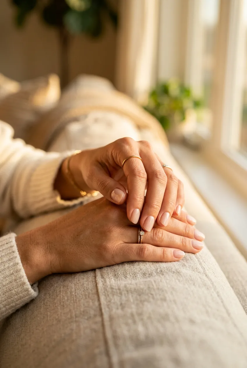Woman's hands in natural gesture with perfect minimalist manicure and healthy cuticles