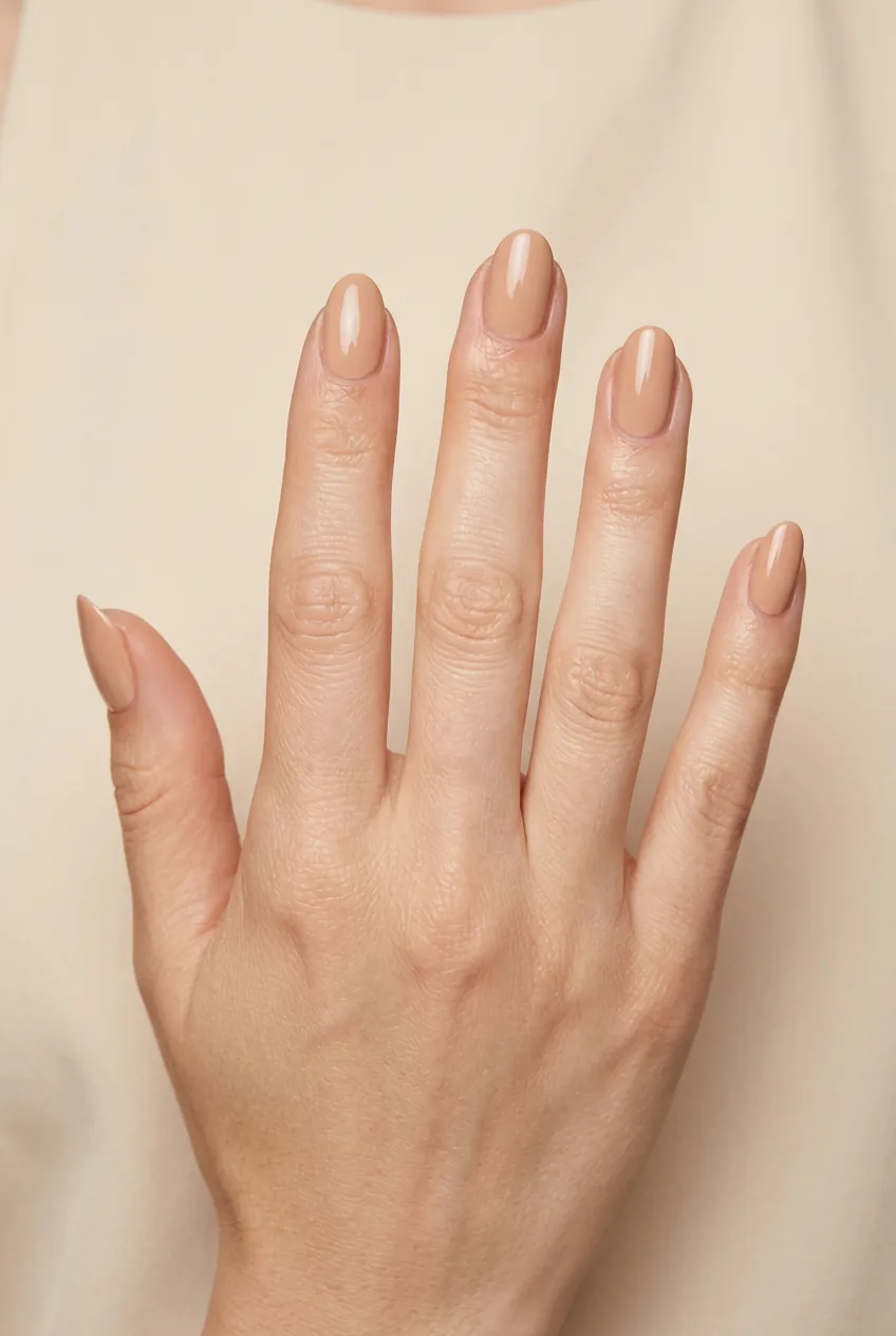 Woman's hand displaying perfect nude manicure in warm beige with subtle peachy undertones
