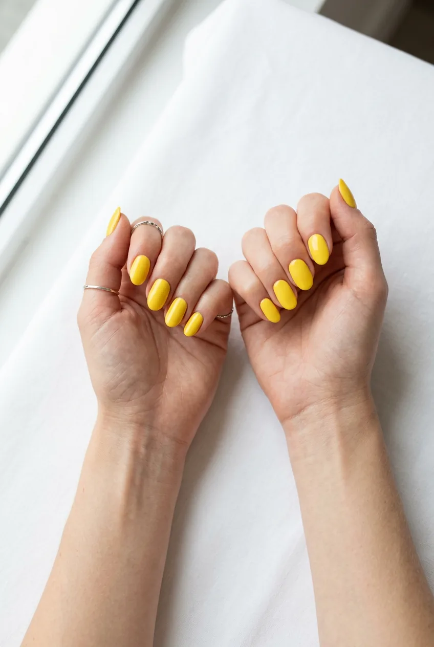 Overhead view of completed yellow manicure showing perfect three-coat coverage