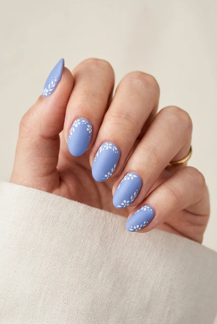 Woman's hand featuring sophisticated periwinkle blue nail polish in matte finish