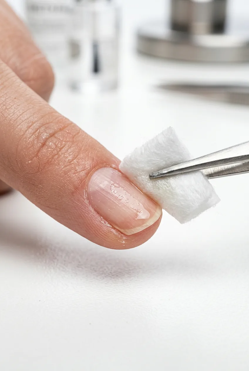Cotton pad applying pH balancing nail dehydrator to clean natural nail surface