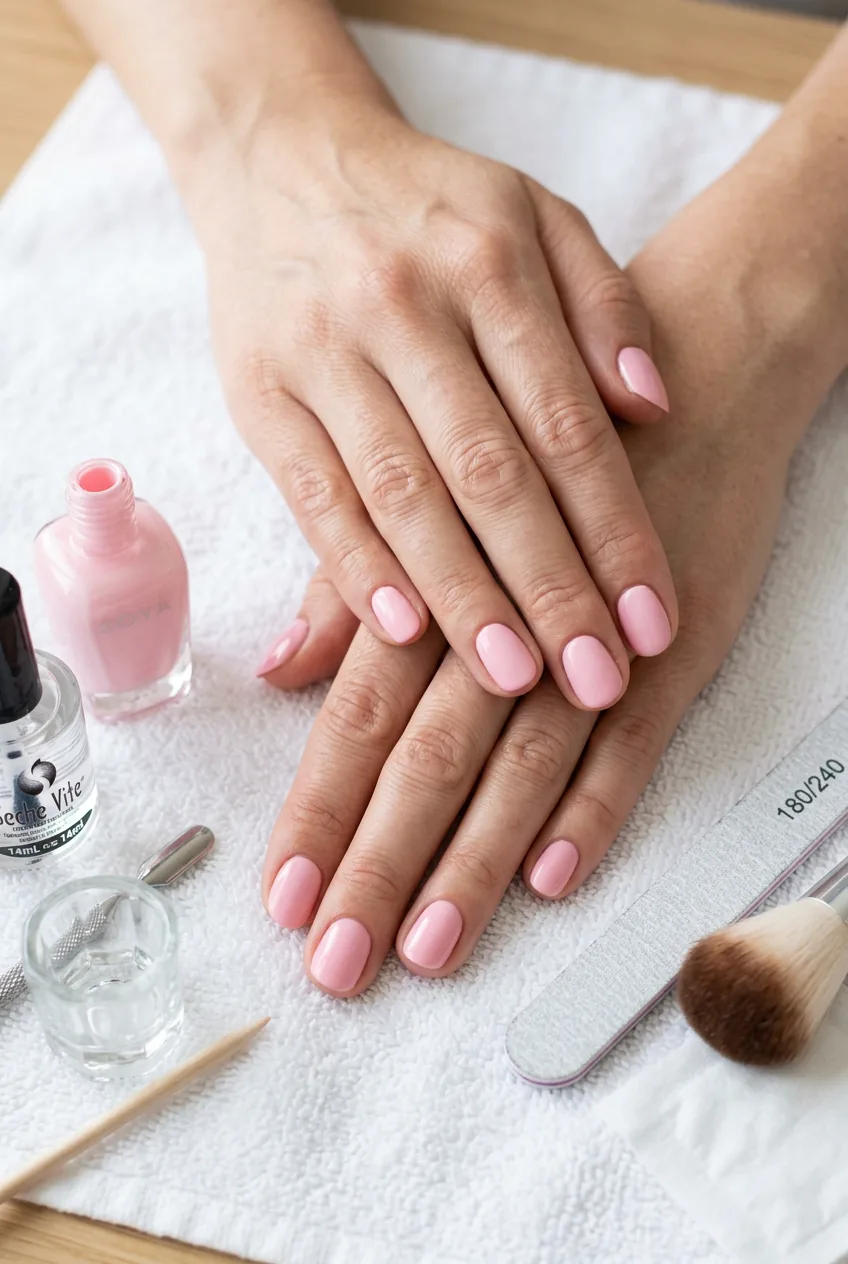 Natural nails with two coats of pink base color showing even opaque coverage