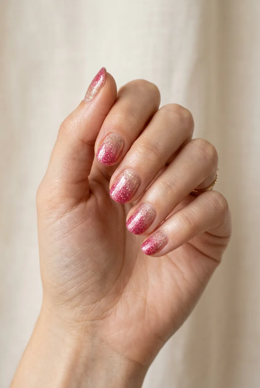 Close up of woman's fingers showing strawberry pink glitter gradient manicure with sparkle particles on short nails