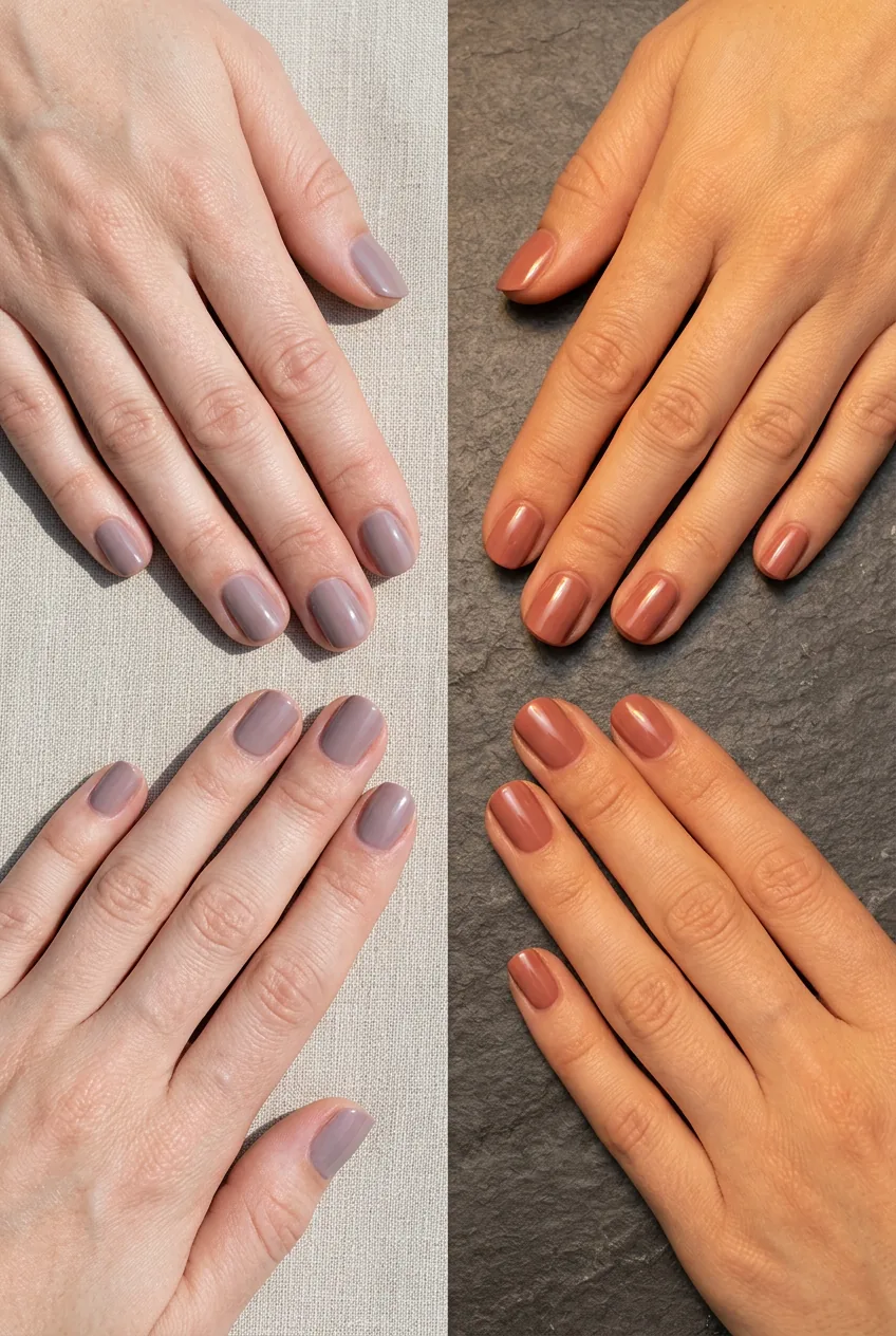 Overhead view of pink manicured nails under different lighting showing color adaptability from cool to warm light