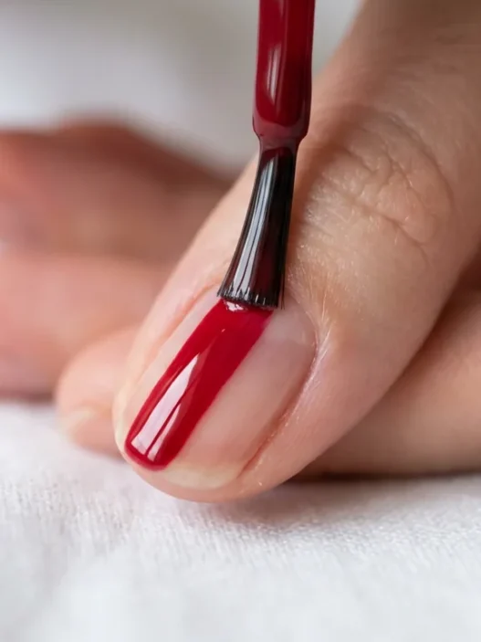 Macro close-up of nail polish brush applying glossy pink coat to center of nail with clean ribbon of color