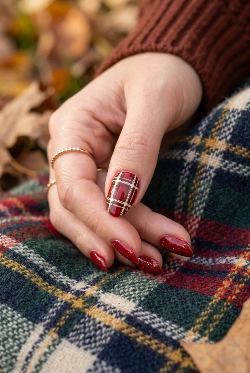 Detailed plaid nail art design on ring finger showing red base with cream and brown crosshatch pattern