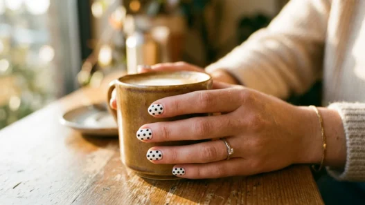 Woman's hand showing fresh black polka dots on white nail polish in natural golden hour lighting