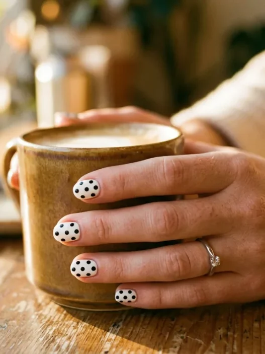 Woman's hand showing fresh black polka dots on white nail polish in natural golden hour lighting