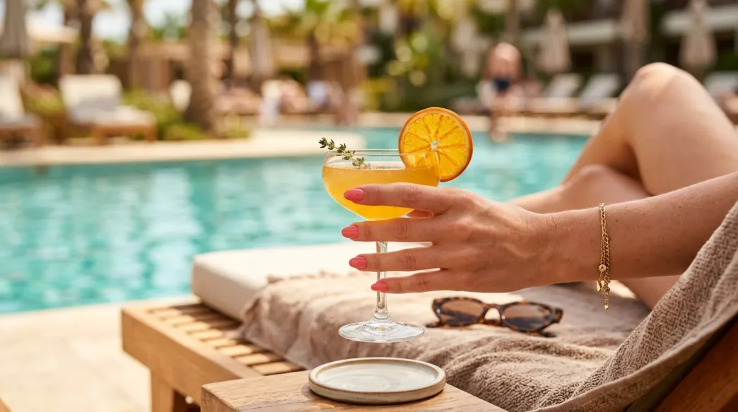 Manicured hand with neutral polish holding citrus cocktail glass on sunny pool deck with turquoise water background