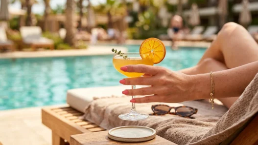 Manicured hand with neutral polish holding citrus cocktail glass on sunny pool deck with turquoise water background