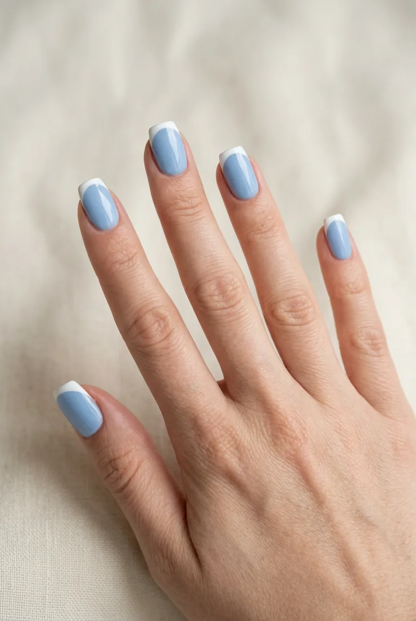 Woman's hand displaying powder blue nail polish with crisp white French tip manicure