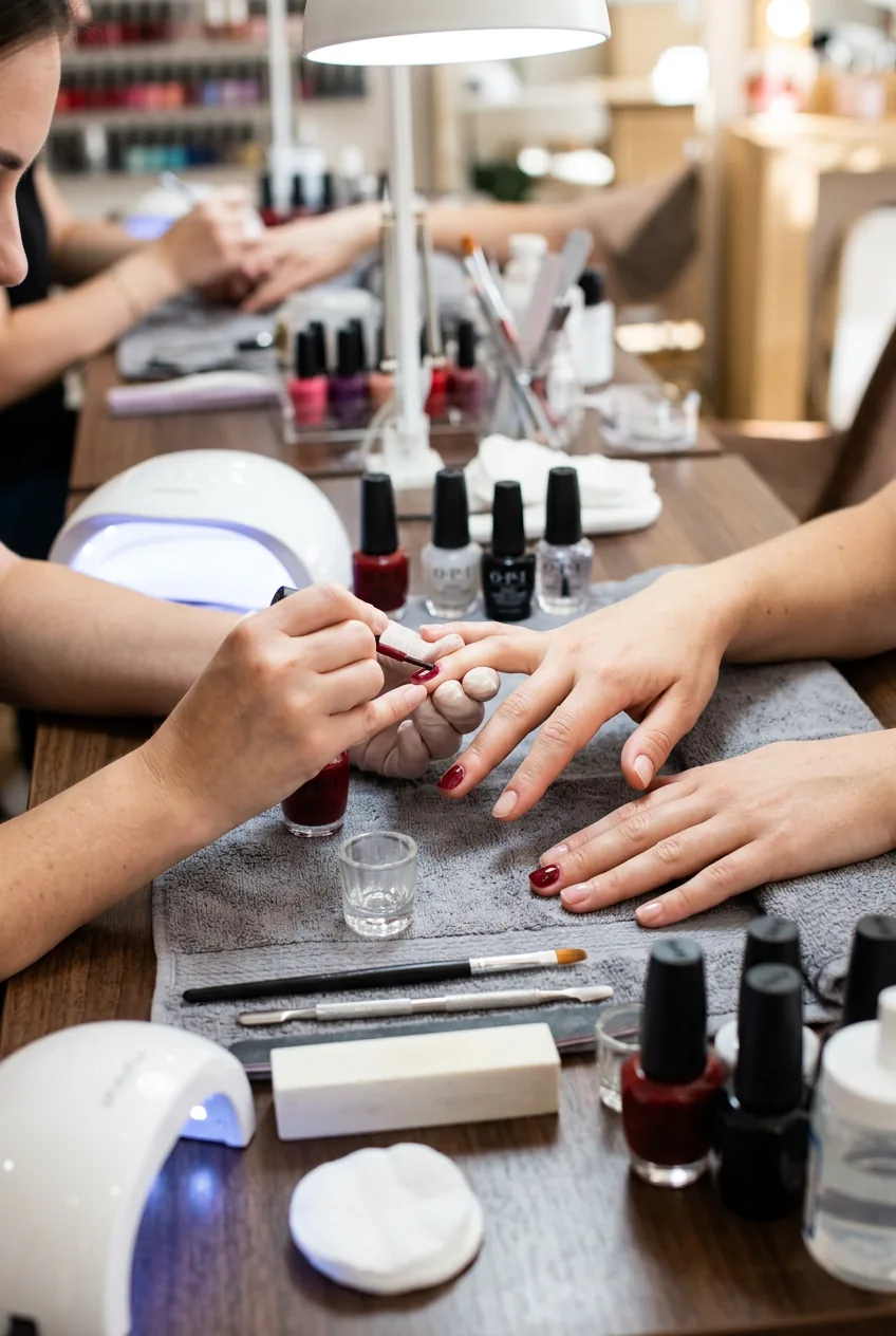Practice manicure session showing half-finished nails with polish and tools on salon table