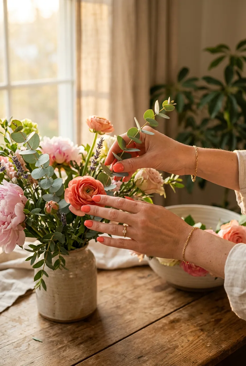 Woman's hands with premium press-on short acrylic nails in coral shade while arranging flowers