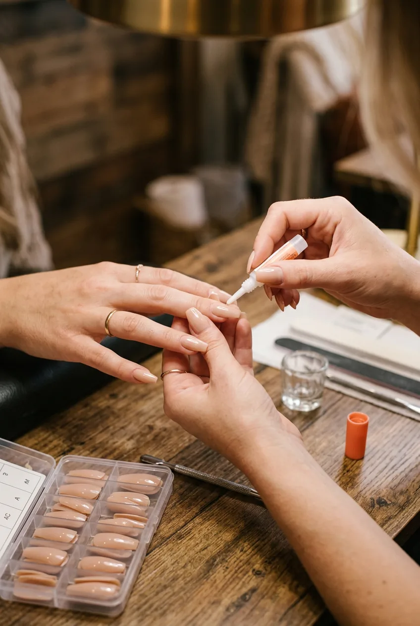 Woman attaching coffin-shaped press-on nail extensions with glue application mid-transformation process