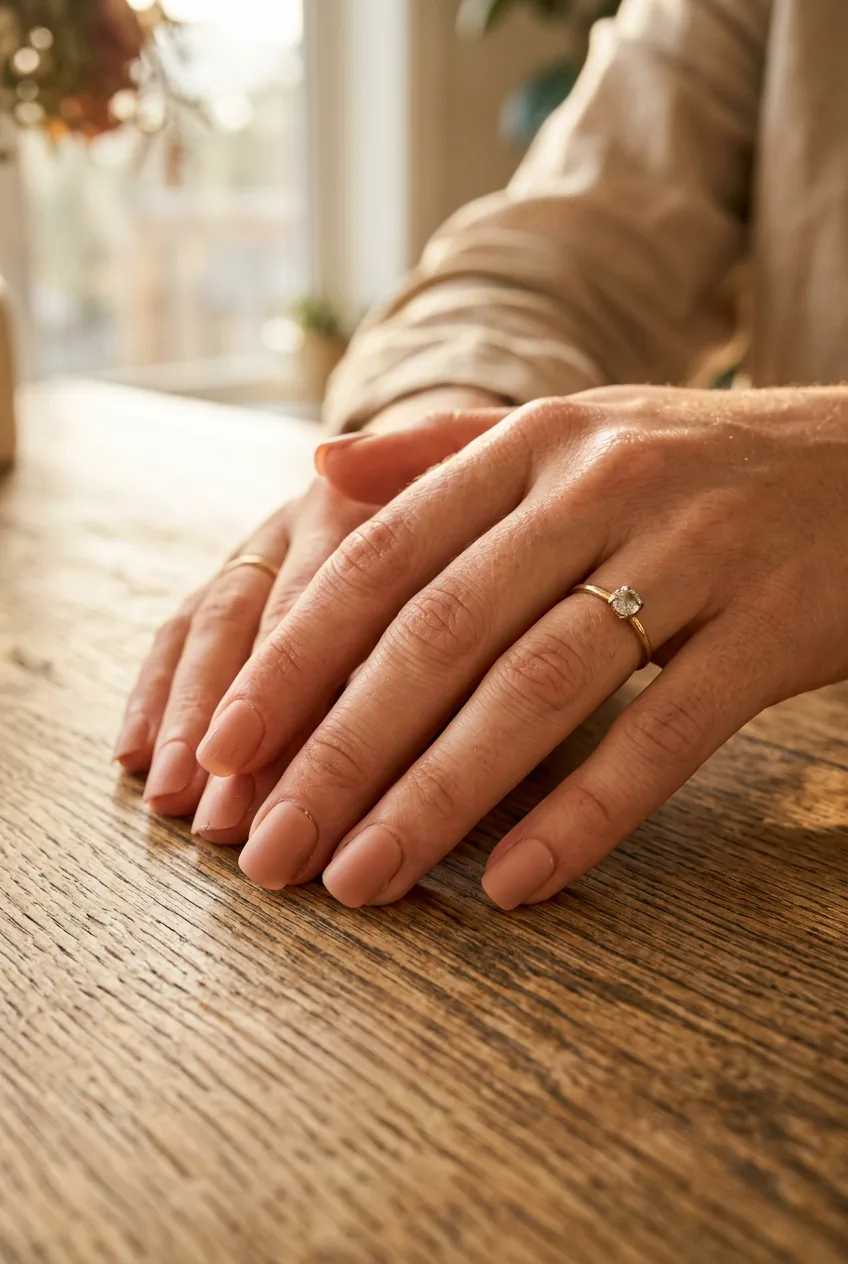 Close-up of woman's hands showing press-on short acrylic nails in nude-pink after several days of wear