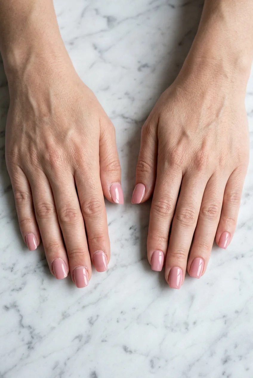 Side-by-side comparison of woman's hands showing press-on versus salon acrylic nails in natural daylight