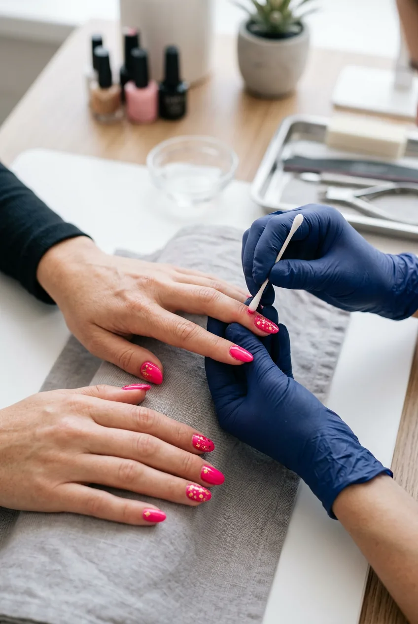 Final cleanup stage showing cotton swab removing excess polish around finished birthday nail design