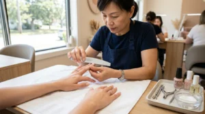Professional manicurist filing square nails at clean salon workspace with tools arranged on white towel