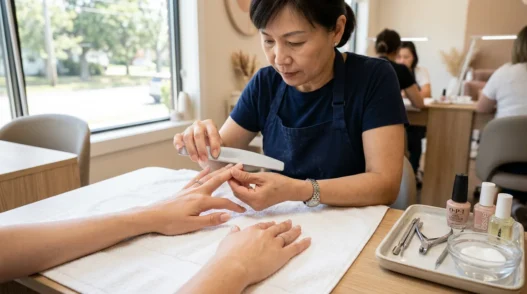 Professional manicurist filing square nails at clean salon workspace with tools arranged on white towel