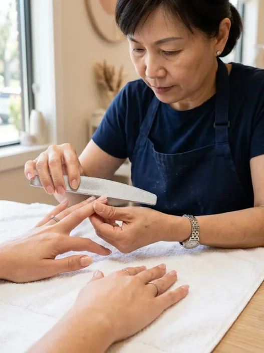 Professional manicurist filing square nails at clean salon workspace with tools arranged on white towel