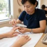 Professional manicurist filing square nails at clean salon workspace with tools arranged on white towel