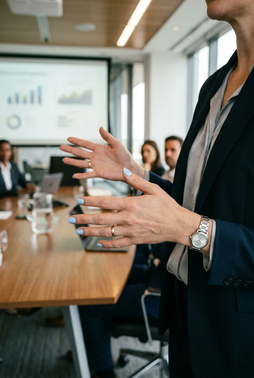 Business woman's hands with baby blue nails gesturing during professional conference room presentation