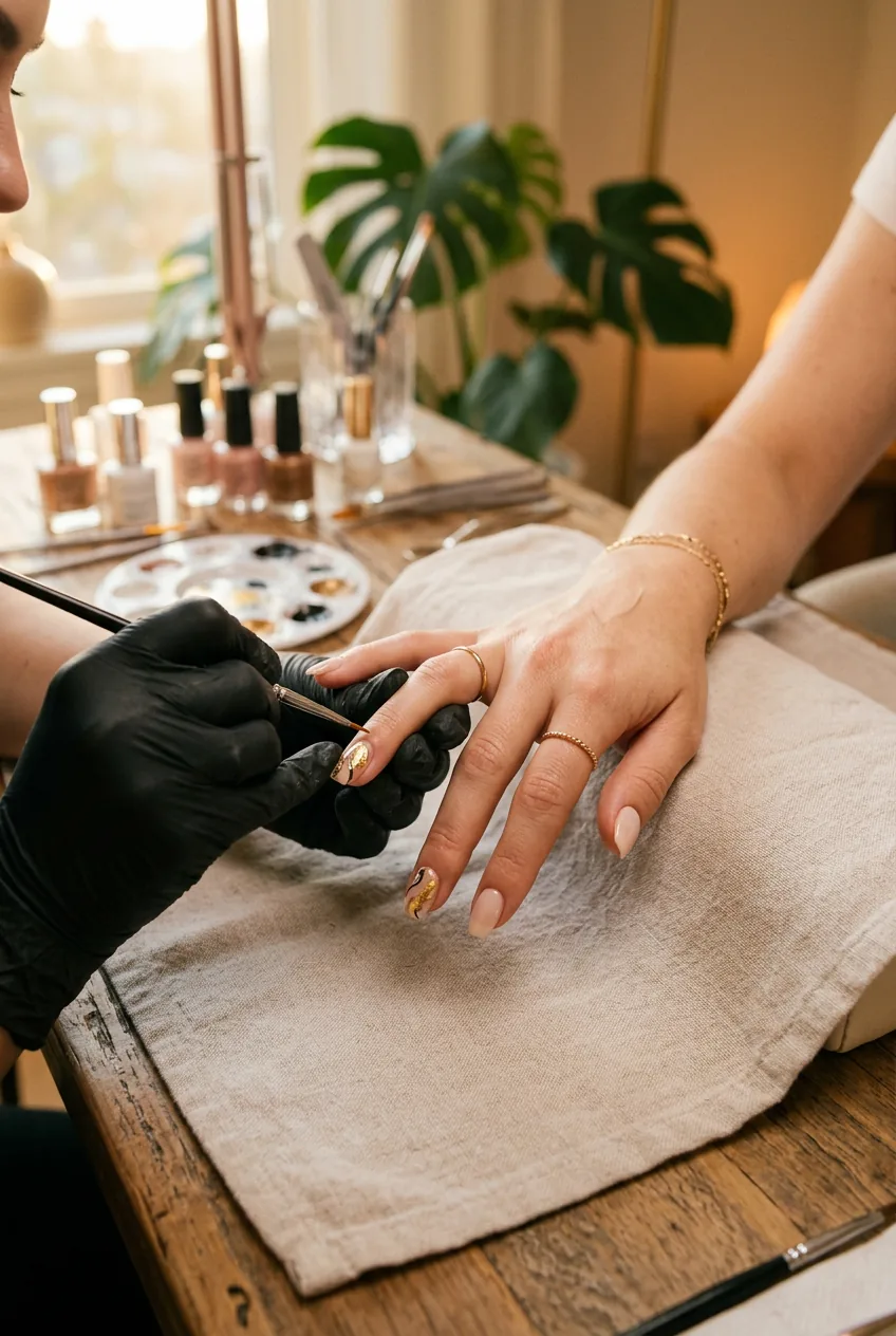 Woman's hand receiving professional nail art application during high-end salon manicure process