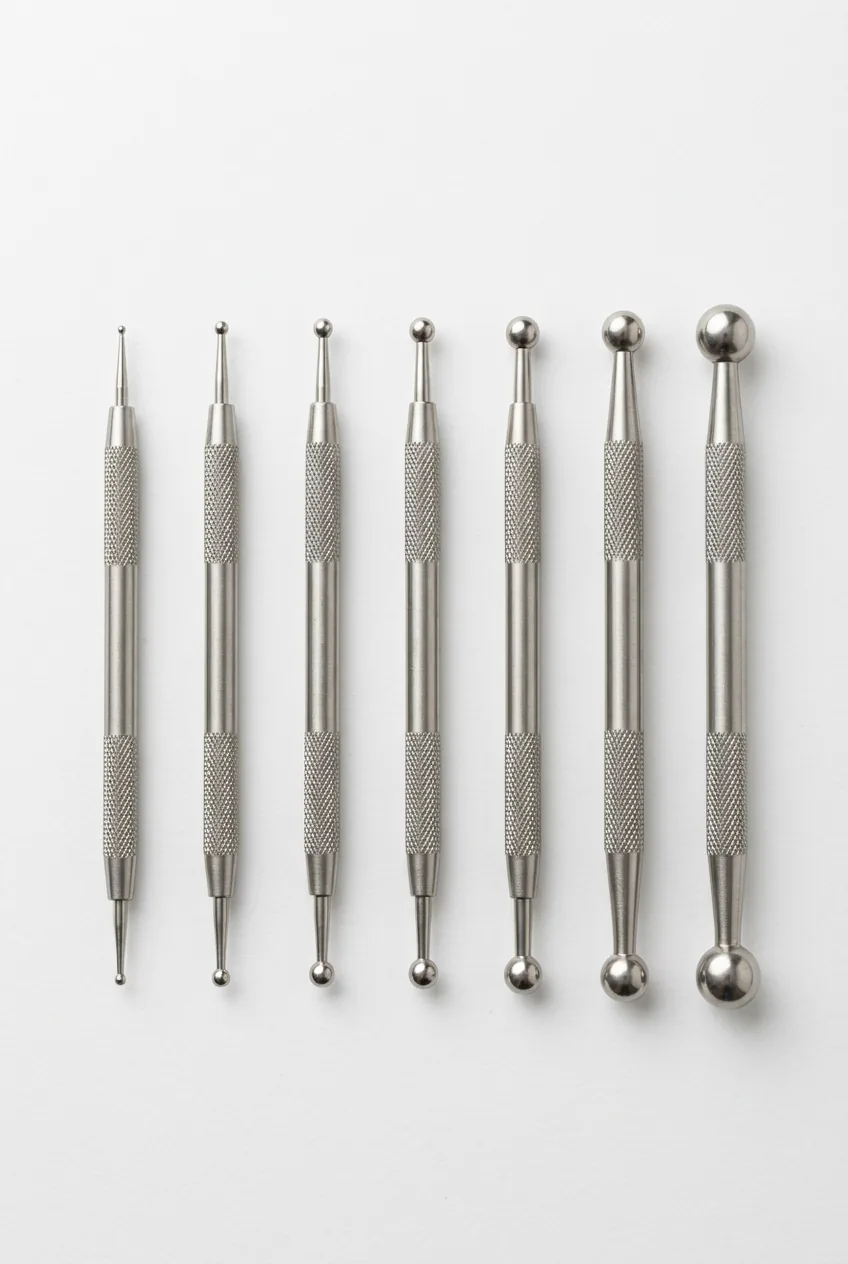 Professional stainless steel dotting tools displaying different tip sizes and handle lengths
