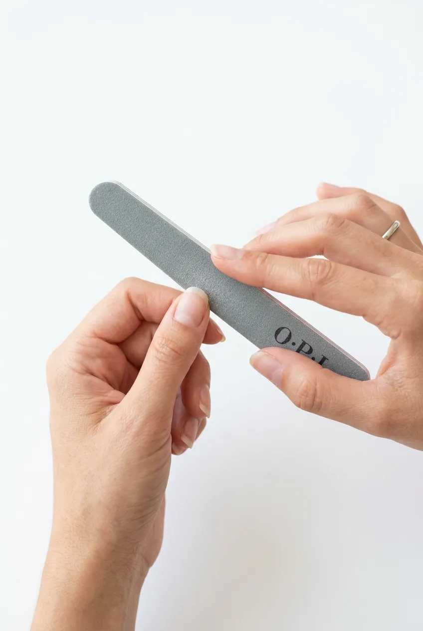 Hands demonstrating correct nail file grip with thumb and fingers positioned for control