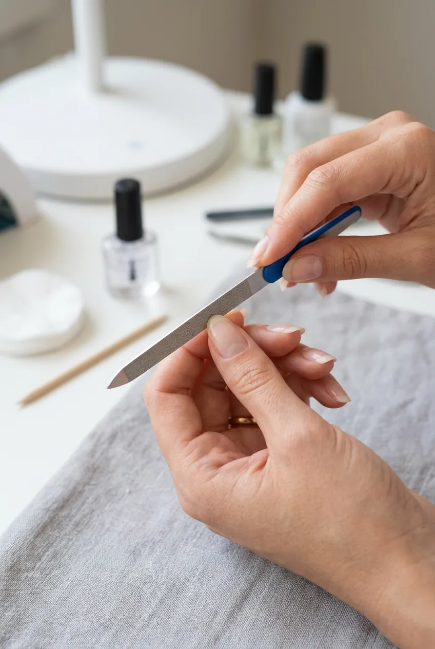 Woman's hand demonstrating proper nail filing technique with professional grade file on natural nails