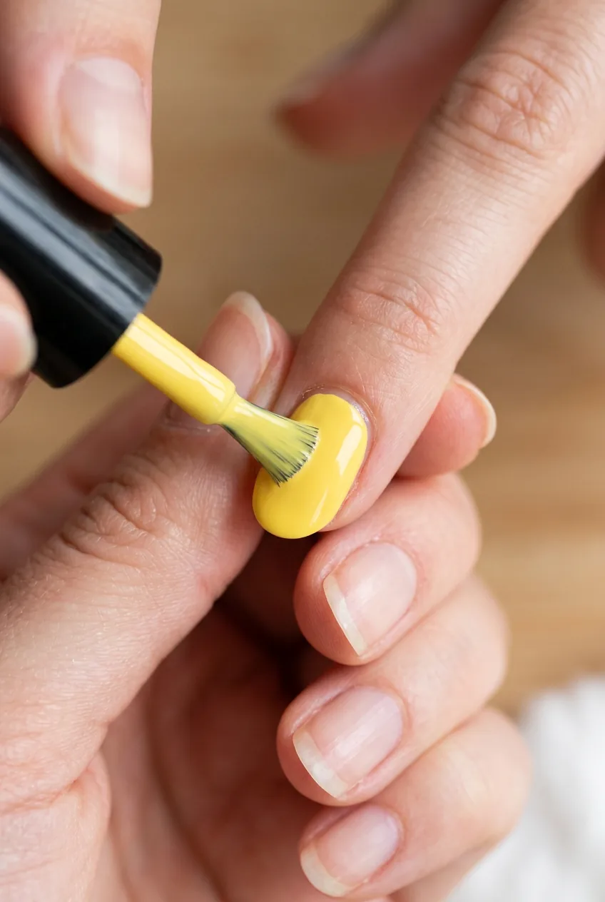 Yellow nail polish being applied in three proper strokes showing correct brush loading technique