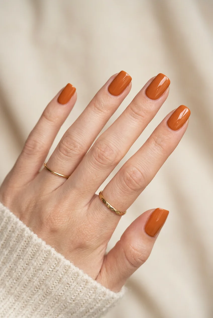 Woman's hand with pumpkin spice neutral manicure in warm orange-brown autumn shade