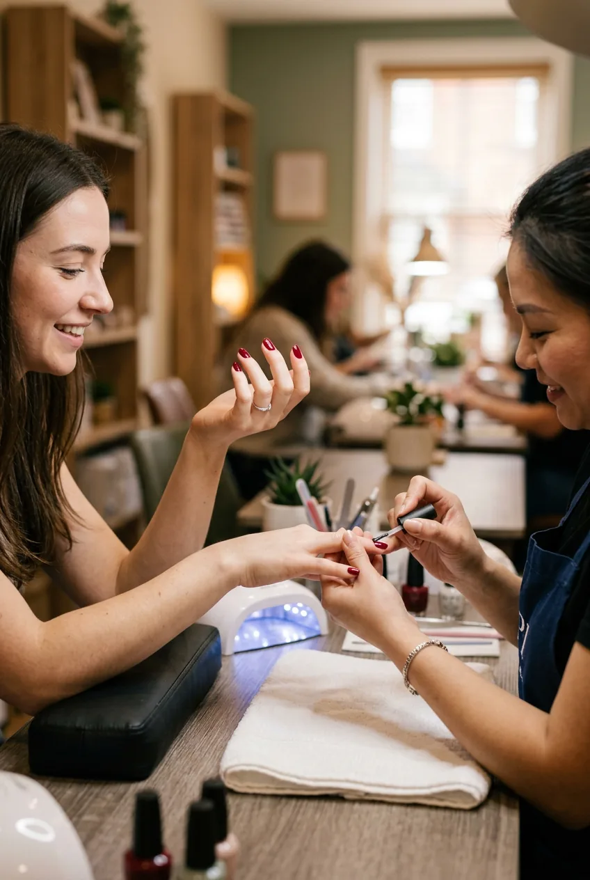Client examining newly painted nails while technician applies final topcoat during quality check