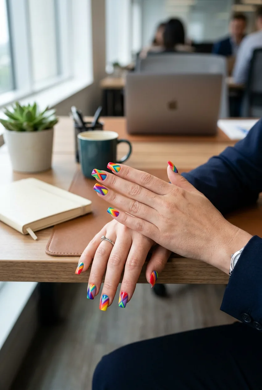 Hands with vibrant rainbow geometric nail art patterns in professional office setting